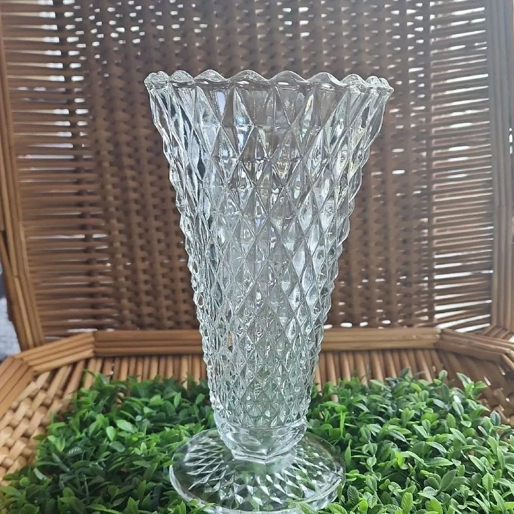 Diamond Point Pressed Glass Vase